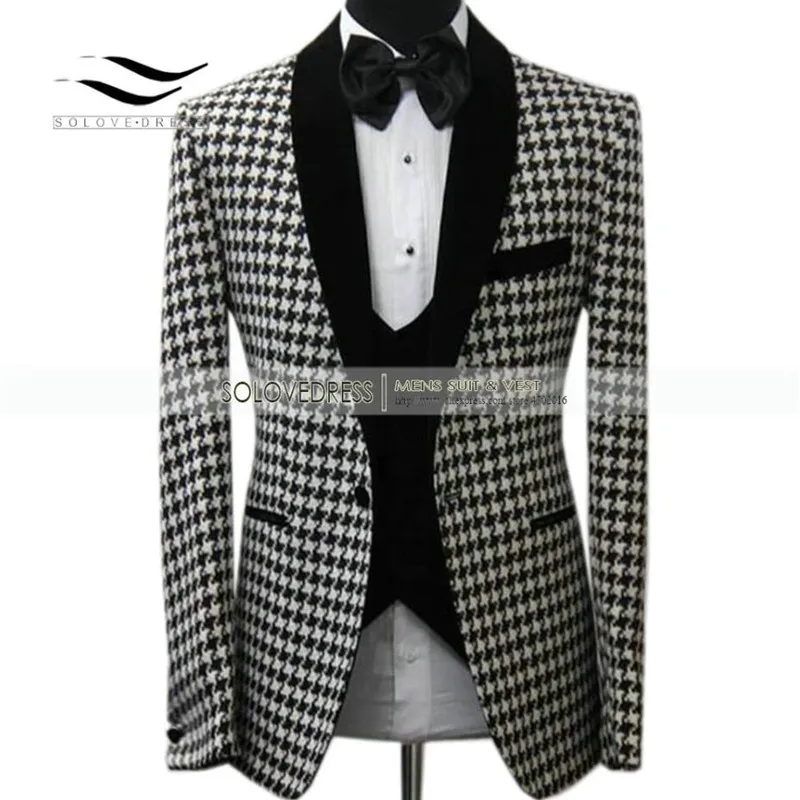 New Arrival 3 Pieces Men\'s Suits Houndstooth  Plaid Style Fashion Wool Groomsmen Suits For Wedding(Blazer+Vest+Pants)