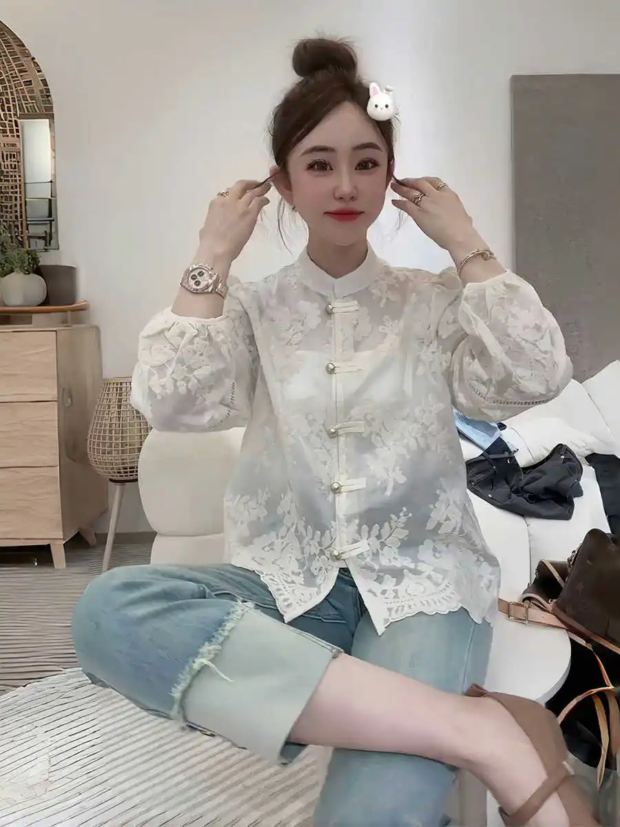 

Новая женская блузка в китайском стиле с кружевом и длинным рукавом, весна 2026, уникальный суперкрасивый топ для повседневной носки, свободный крой