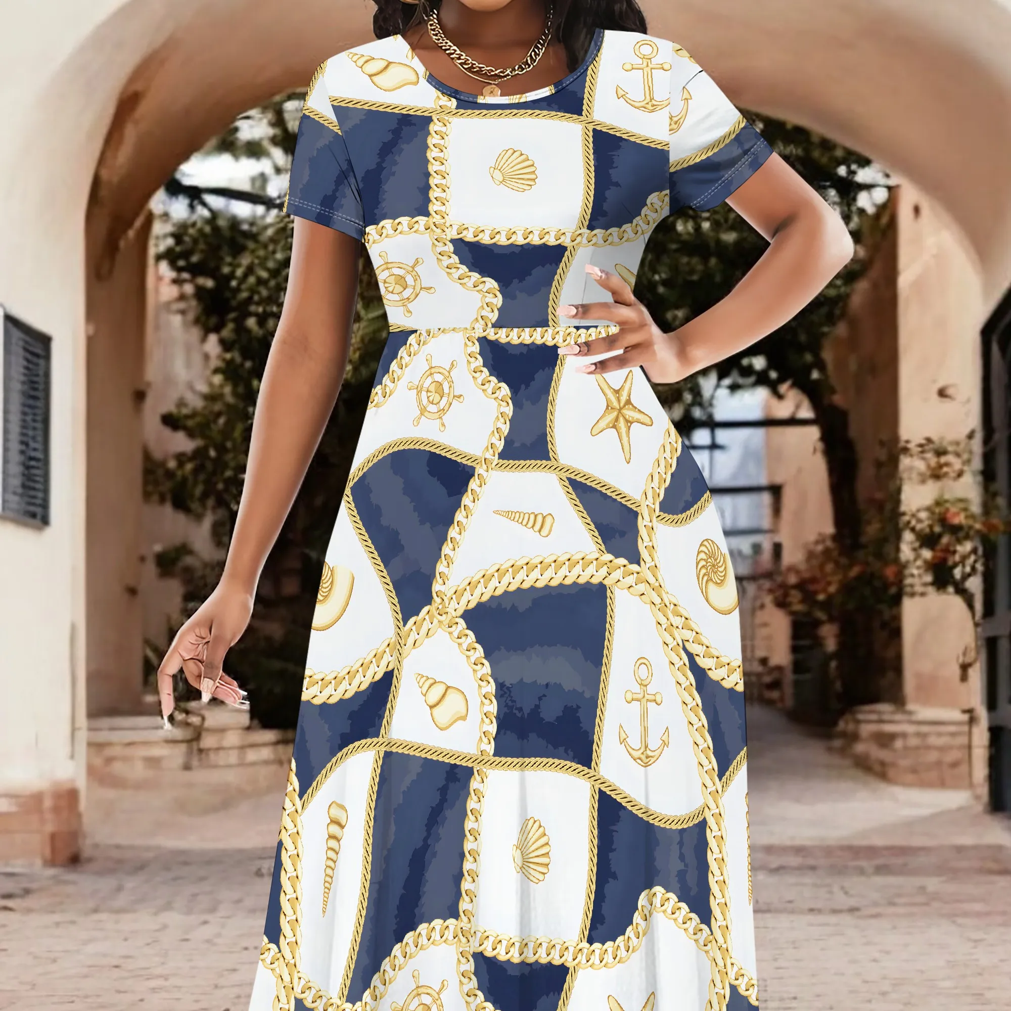 Women's Short Sleeve Sexy  Neck Loose Boho Long Dress Fashion Printed Split Hem Club Party Casual Vacation Maxi Dress