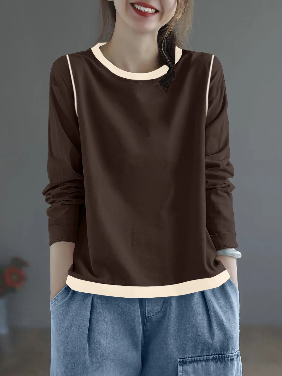 Doppelseitiger FCE-Langarm-Base-Top für Damen, Modischer Farbblock-Design, Warmer Rundhals-Pullover für Herbst und Winter