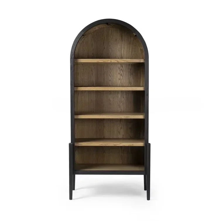 Modern American Antique Design Solid Wood Bookcase Interior Furniture with Black Finished Arched Top Open Front Storage Display