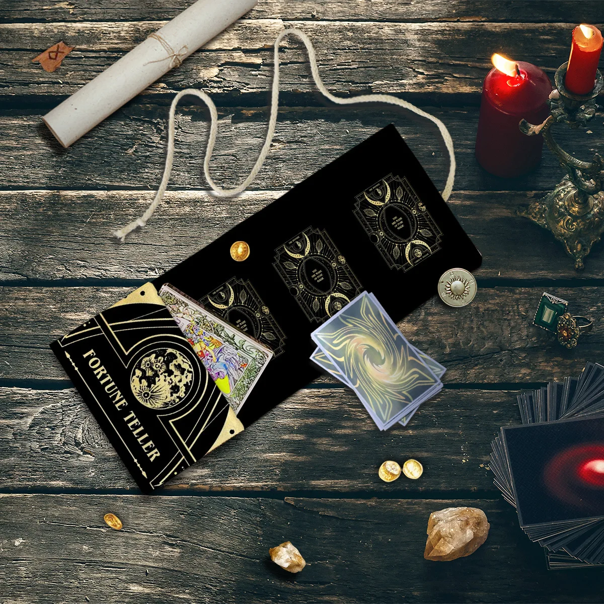 2‑in‑1 Black Gold Celestial Moon Tarot Pouch Bag Foldable Pre‑Printed 3‑Card Tarot Spread Divination Mat Card Storage Bag