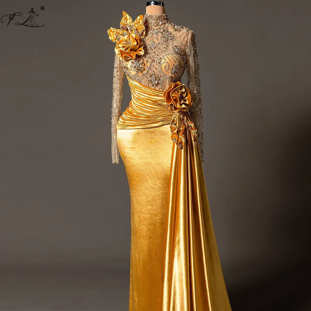 ゴールド 3D 花柄ベルベットドレス クリスタル マーメイド イブニングドレス トレイン シアー パーティードレス 長袖 カクテル プロムドレス カスタマイズ可能