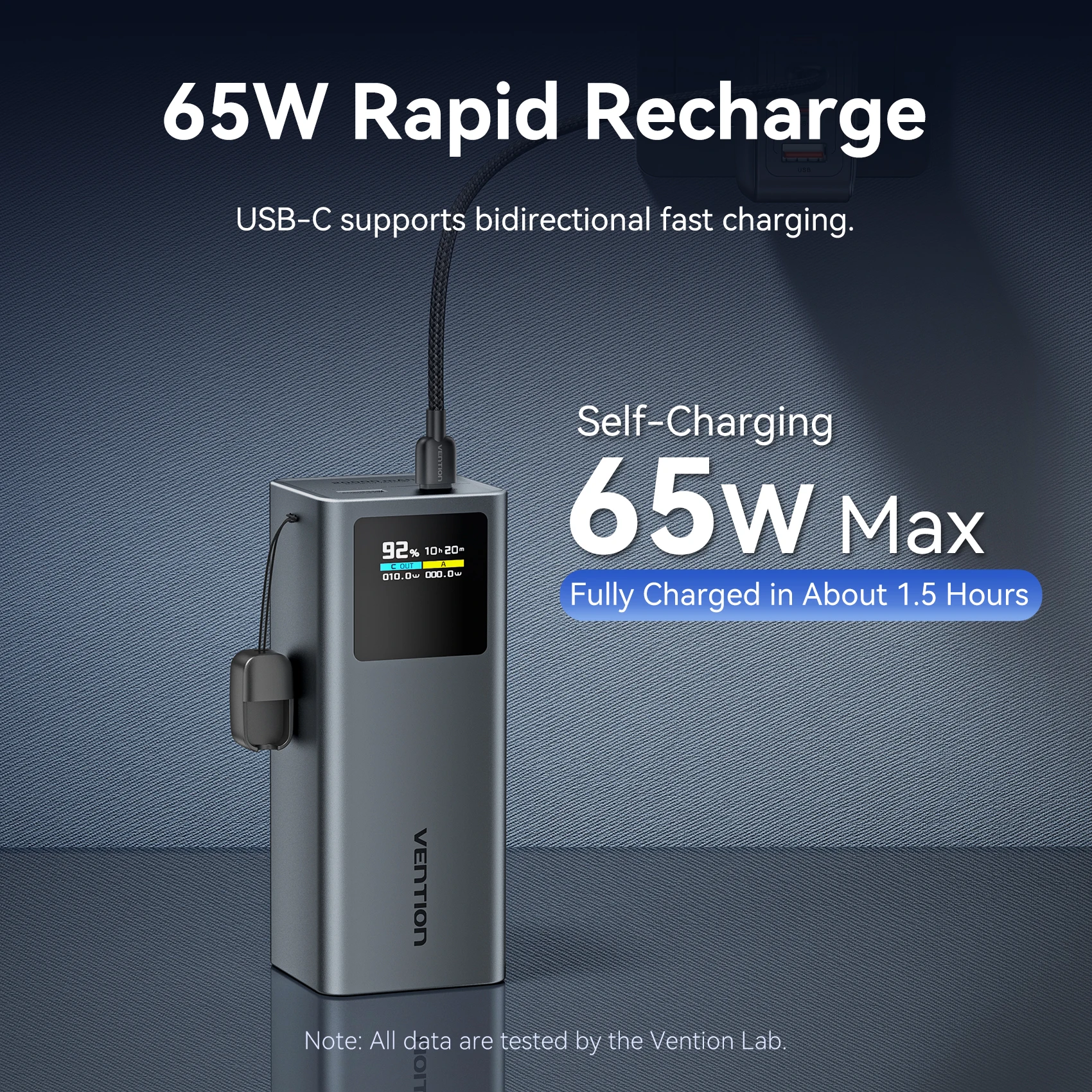 Vention 20000 мАч, 100 Вт, быстрая зарядка, съемный кабель USB-C, внешний аккумулятор, умный TFT-экран, компактный портативный, для Huawei/iPhone16 15