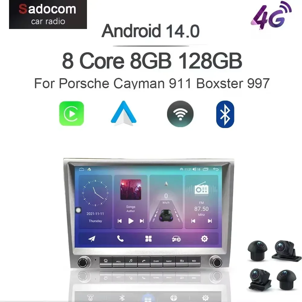 720P CarPlay 8' 2 Din Grey Android 14.0 Car Player 8 Core 8GB Multimedia GPS Autoradio For Porsche 911 997 987 Cayman Boxster