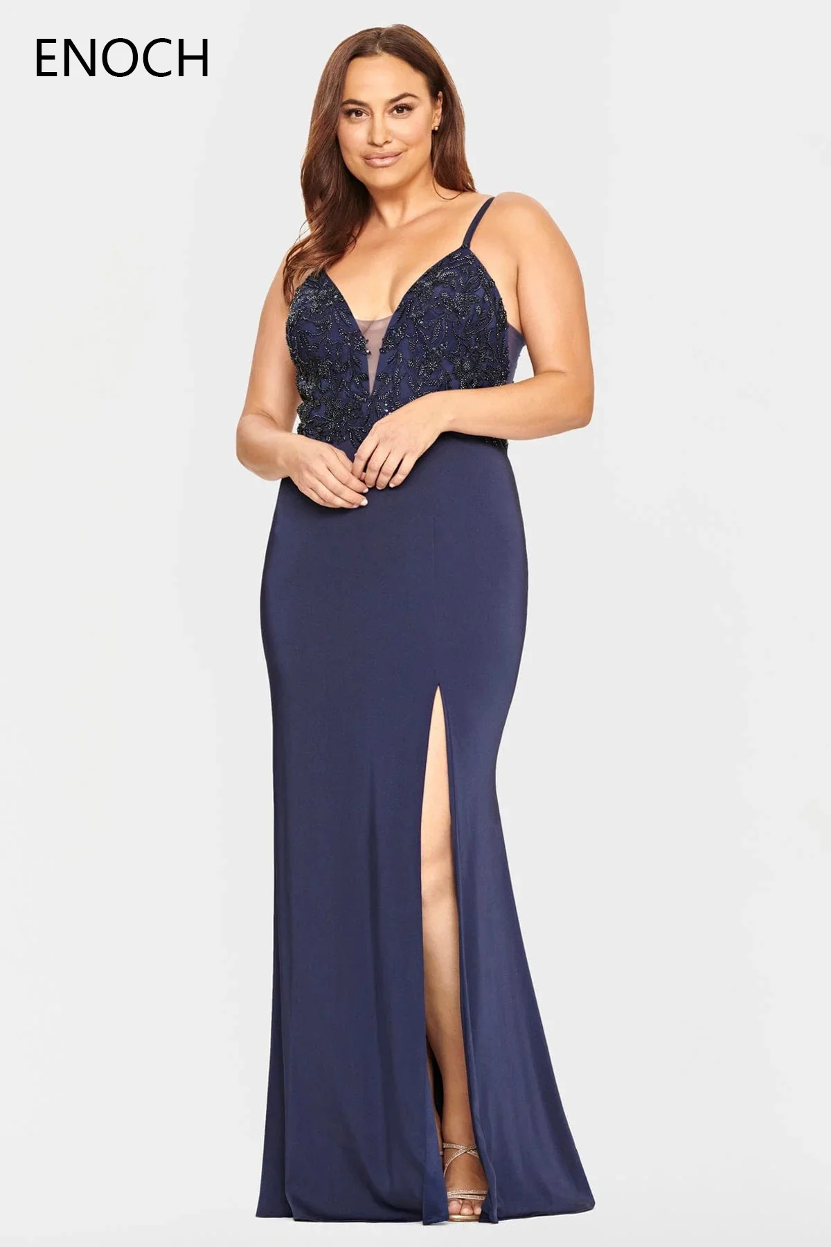 ENOCH Plus Size Side Slit Evening Dresses New Deep V-Neck Appliques Spaghetti Strap Backless Party Gowns Robes De Soirée Summer