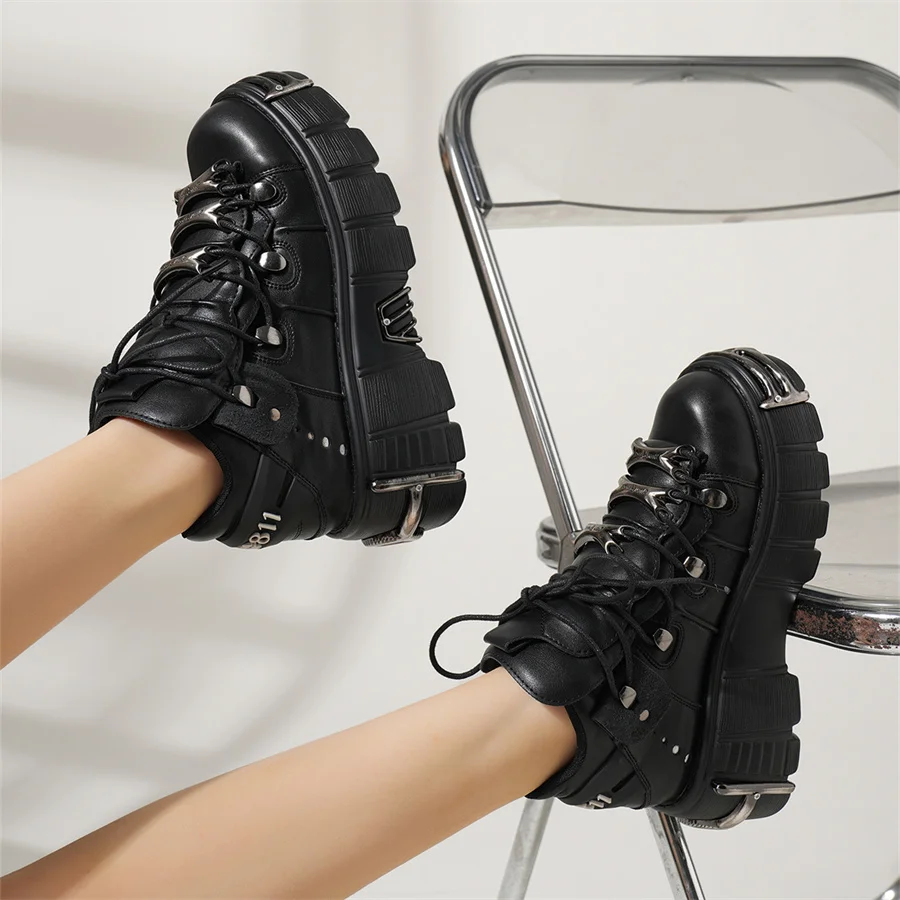 Punk Style Women Sneakers Lace-up Heel Height 6CM Platform Shoes Woman Gothic Ankle Rock Boots Metal Decor Woman Man Shoes 2025