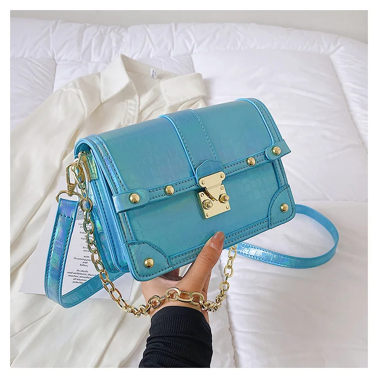 New 2025 Korean Laser - Riveted Small Square Bag - Trendy Chain Design, Versatile for Crossbody & Shoulder