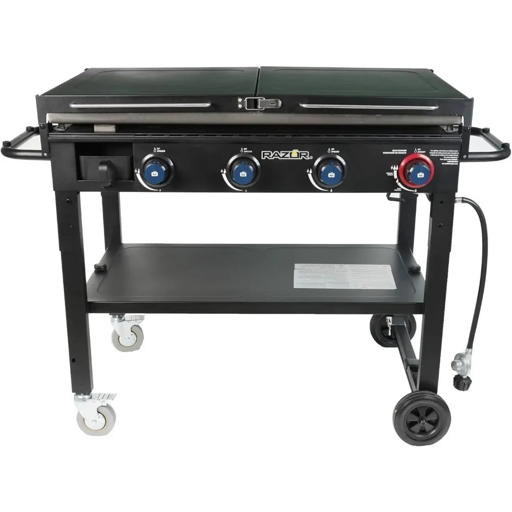 

37 Inch Outdoor Steel 4 Burner Propane Gas Grill Griddle with Wheels and Top Cover Lid Folding Shelves, Outdoor Barbecue Grill