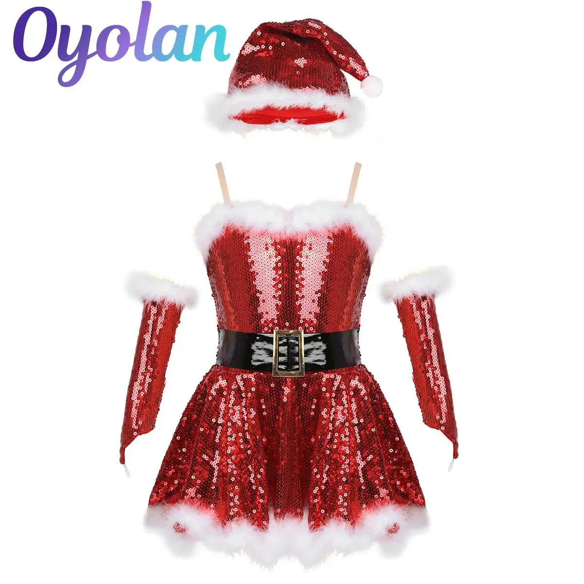

Girls Christmas Xmas Santa Elf Cosplay Costume Gymnastics Ballet Tutu Candy Cane Figure Ice Skating Dress with Hat Arm Sleeves