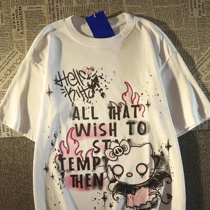 

Sanrio Hello Kitty women's T-shirt tops Short Sleeve Cotton Unisex Summer Casual Loose Fit Vintage High Street American Fashion