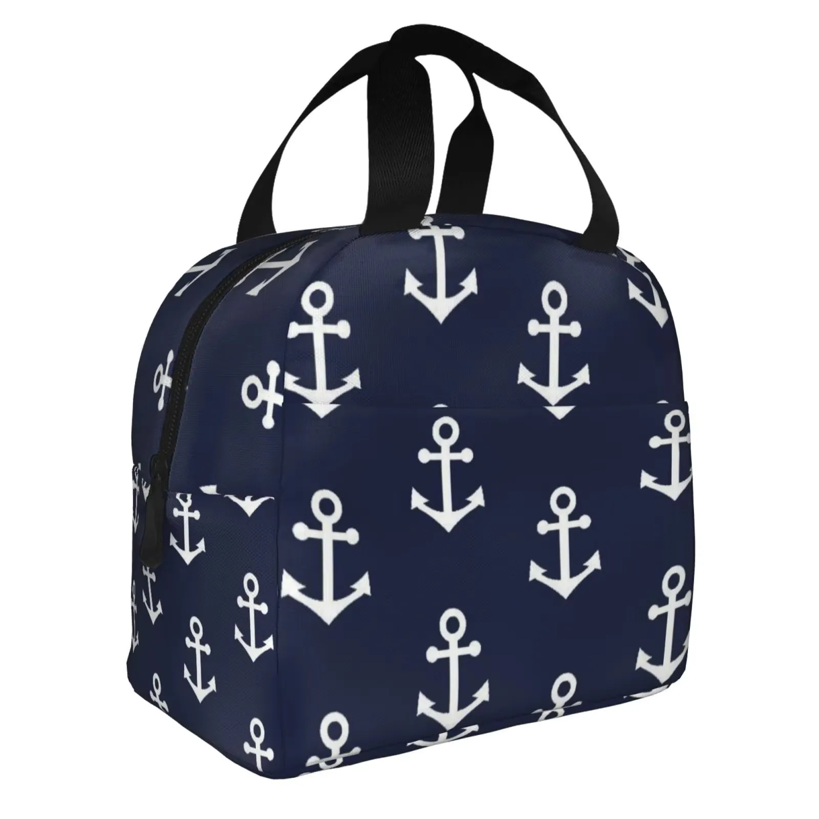 Ship Anchor Print Insulated Lunch Bag Waterproof Canvas Cooler Tote for Women Children Picnic Travel