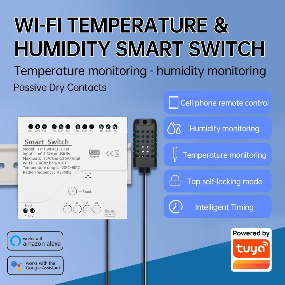 Tuya WiFi 4 Channel Smart Switch with Temperature or Humidity Sensor 7-32V 85-250V 10A RF 433MHZ Relay For Alexa Google Home