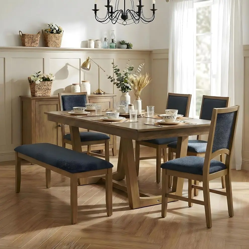

6-Piece Light Brown Dining Set with Removable Leaf, 4 Upholstered Chairs & Bench
