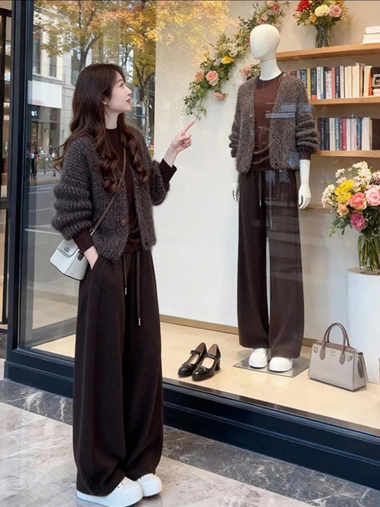 

Faionable Spor повседневный вязаный комплект женские осенне-зимние широкие брюки с высокой талией V-Ne Long Sve костюм из двух предметов