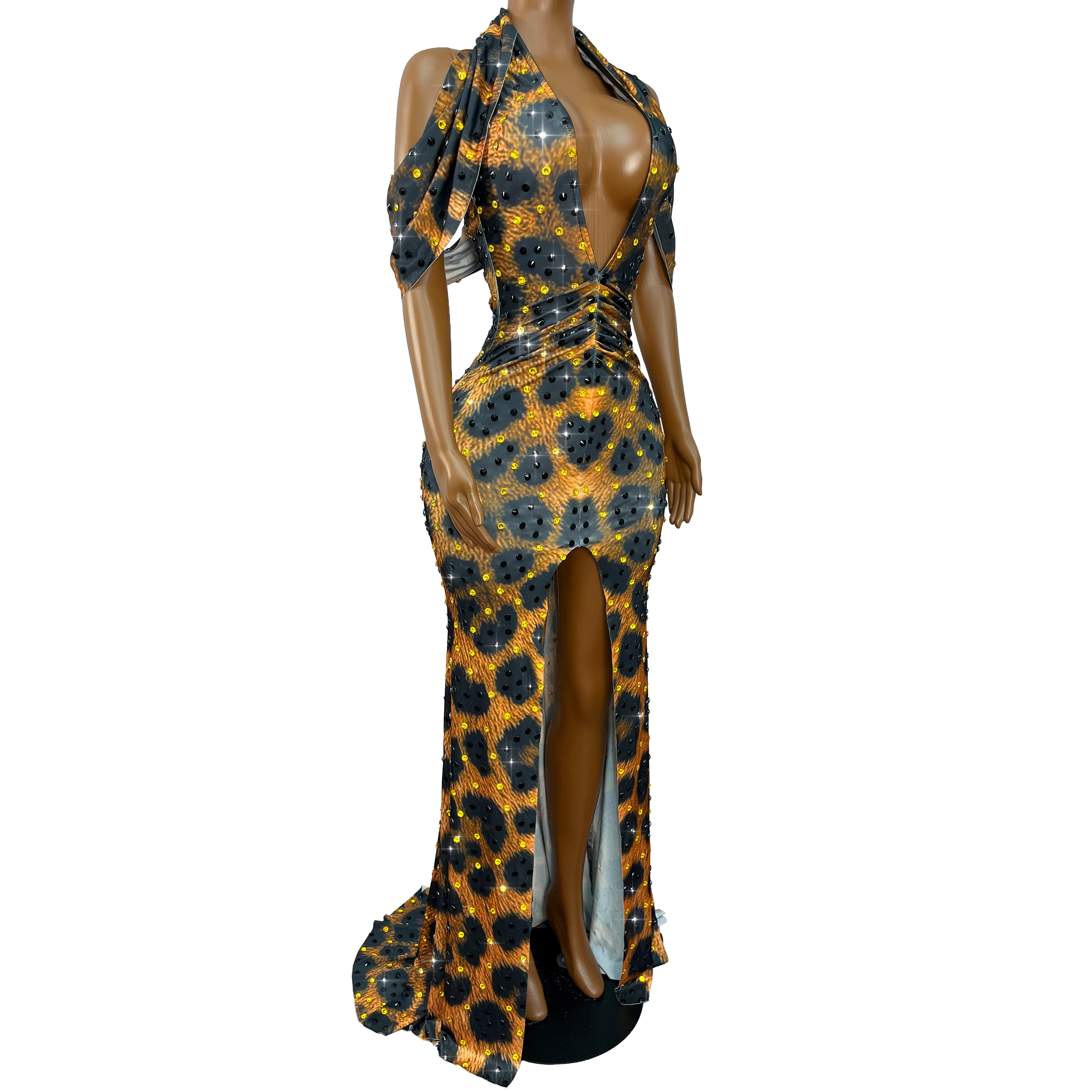 High-end Shining Rhinestones Leopard Print Sexy V-neck Tippet Dress Women Evening Party Gown Red Carpet Show Stage Outfit Baozha view 5