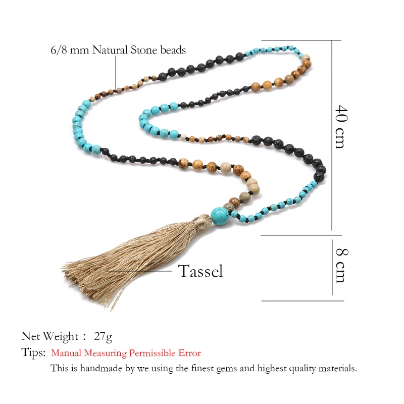 OAIITE 108 Japamala Beads Necklace Natural Volcanic Stone Blue Turquoise Picture Stone Mixed Knot Necklace Meditation Rosary