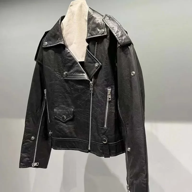 Naturalny płaszcz z prawdziwej owczej skóry dla kobiet Wiosna 2025 Krótka kurtka z prawdziwej skóry w stylu lokomotywy z wywijanym kołnierzem