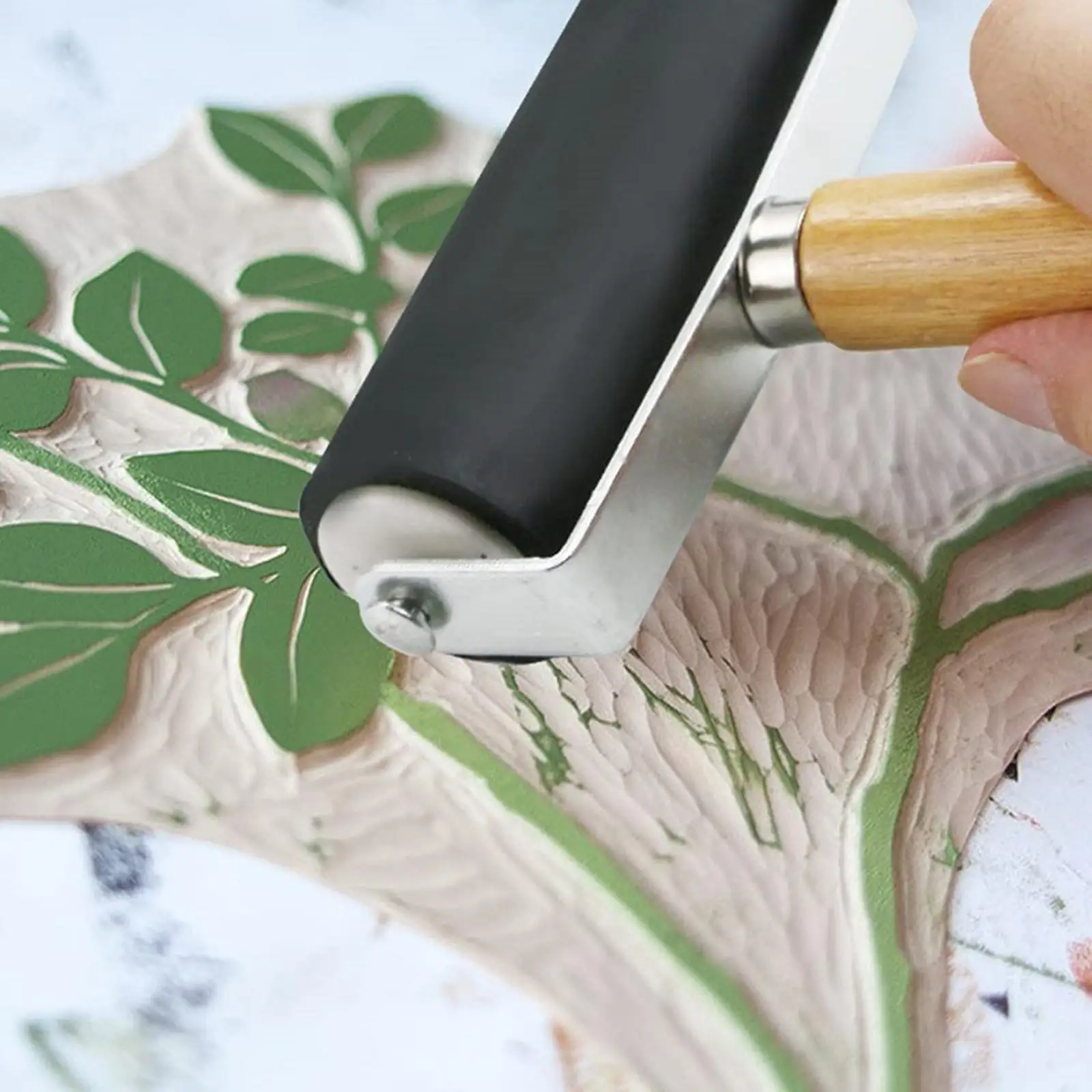 Rodillo de impresión de 3 piezas, mango de madera para superficies talladas