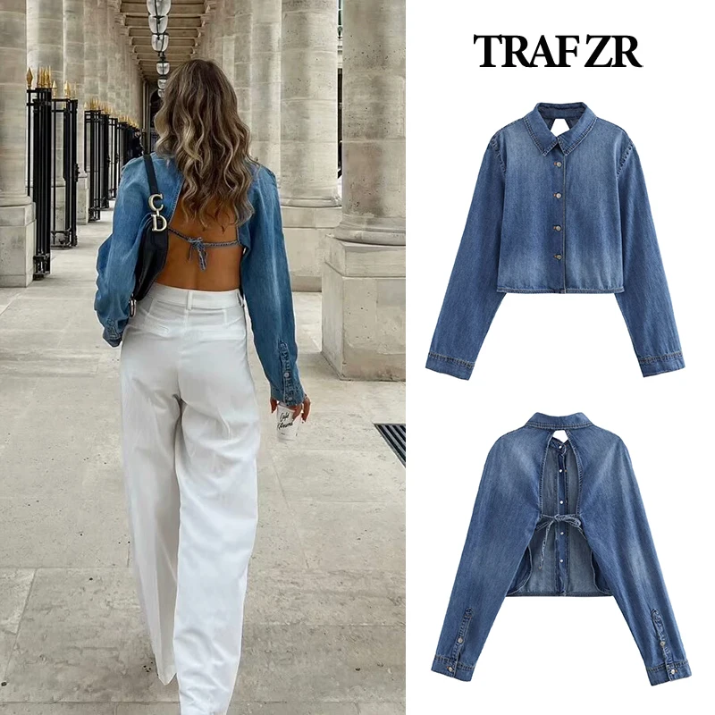 TRAF ZR Stylish Blouses Woman Backless Demin Shirts for Women Y2K Top Women\'s Long Sleeve Top Vintage Female Shirt Blouse 2024