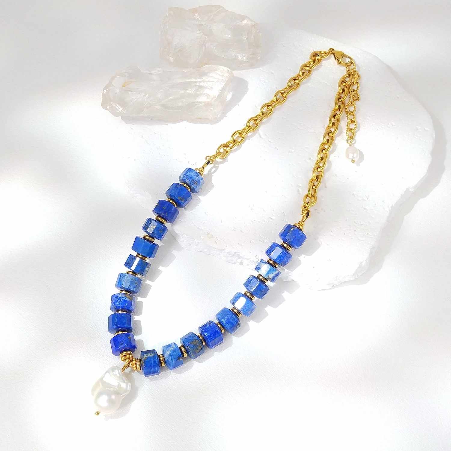 

Lii Ji Lapis Lazuli Real Baroque Pearl Stainless Steel Gold Color Chain Necklace 45+5cm Fashion Necklace For Female