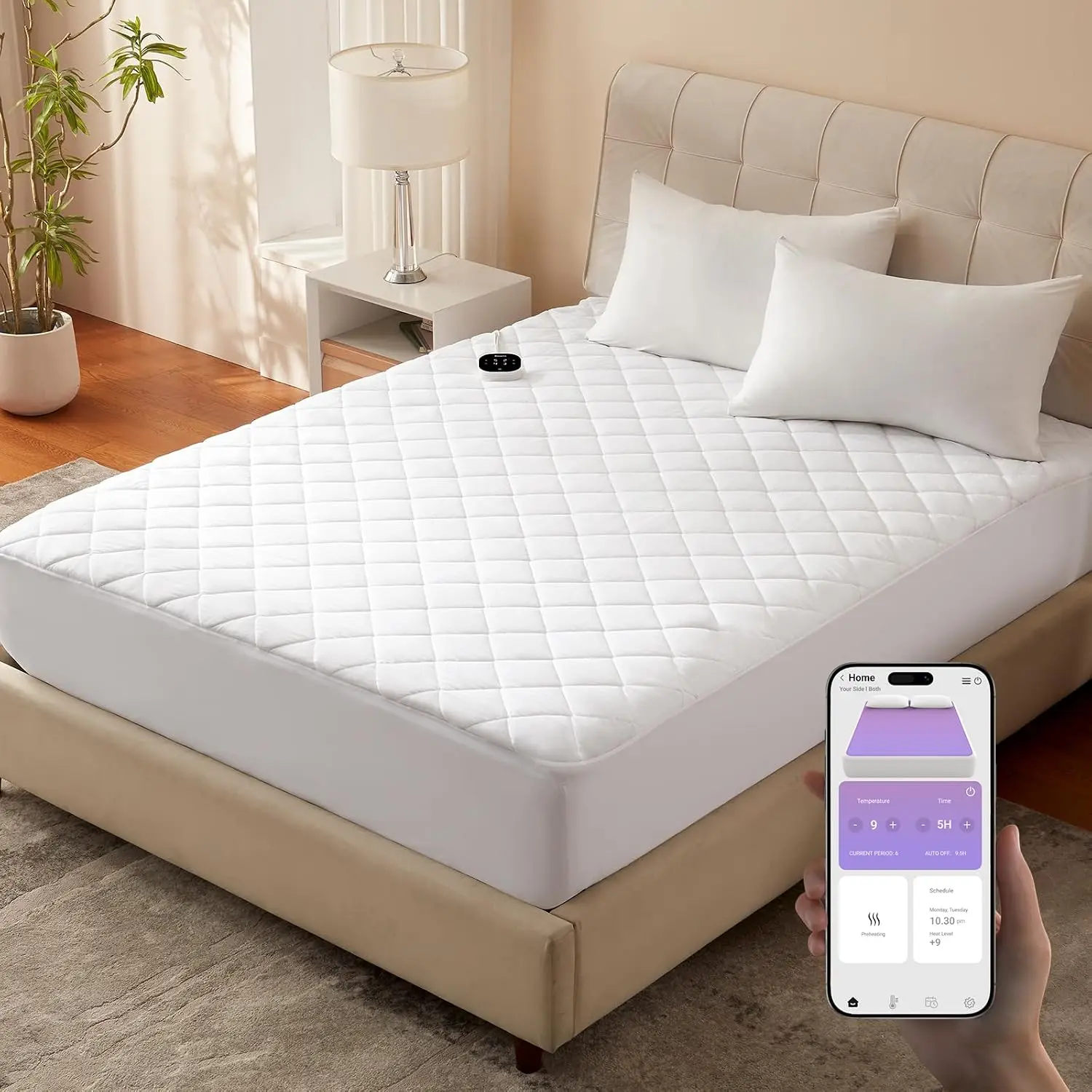 WiFi Heated Mattress Pad Queen Size, Bed Warmer with 9 Heat Settings, 1-12 Hours Auto Off Deep Pocket, Machine Washable, Diamond