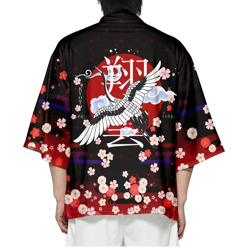 Japanese Crane Print Women Kimono Asian Traditional Toga Haori Fashion Clothing Summer Beach Yukata Cardigan Men Oversized Tops