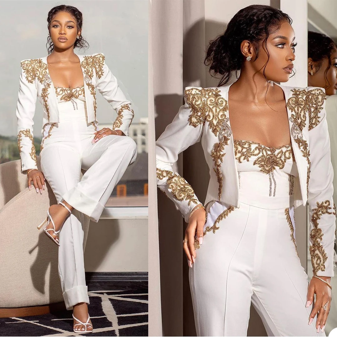 3 Pieces Women Suit Set Luxury Crystals Appliqued Custom Made Bra Top+Blazer+Pants Formal Beaded Evening Party Prom Dress