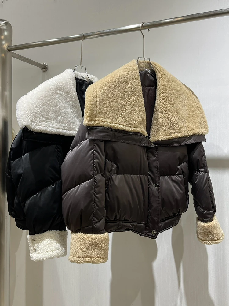 Mode Winter Warme frauen Mantel Dicke Weiße Gans Unten Jacke Mit Echten Großen Merino Schafe Pelz Kragen Jacke Weibliche streetwear