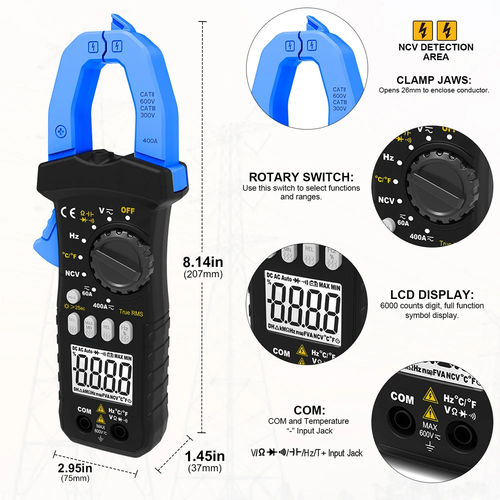 Multímetro sem fio Bluetooth Clamp, Alcance Automático, DC, AC, True RMS, Medidor de Continuidade Buzzer, HP-7200APP, 6000 Contagem