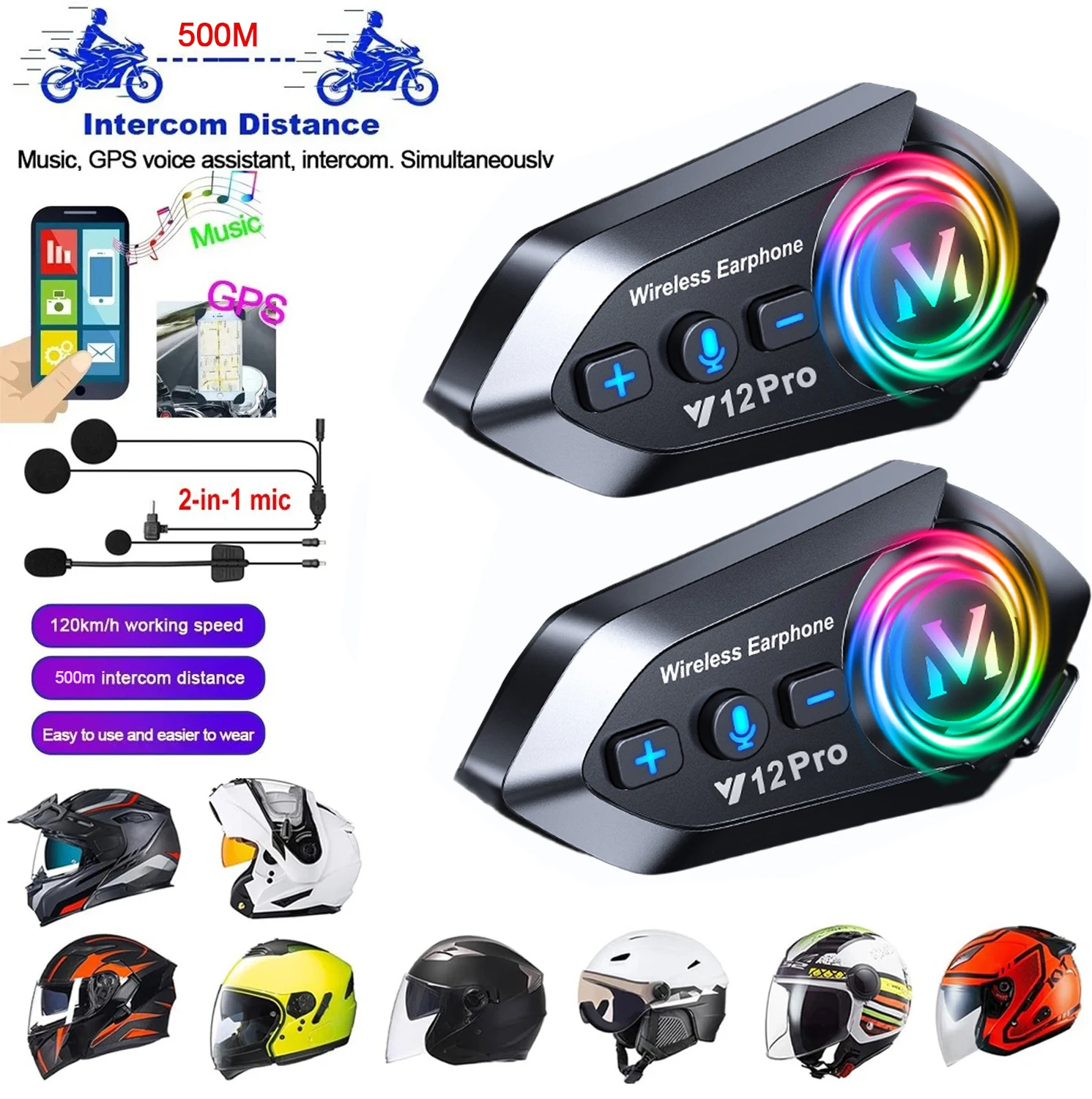 

1/2Pcs Bluetooth 5.4 Motorcycle Helmet Intercom Wireless Interphone Intercomunicador 1000Mah With Ambient Light 2 in 1 Mic