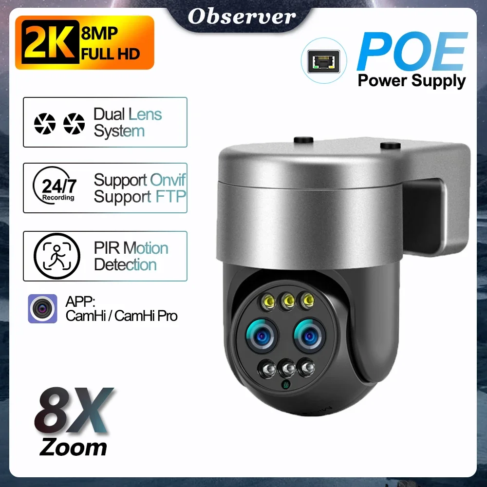 POE Dual Lens Security Camera Outdoor WiFi  4MP HD Surveillance CCTV 8x Zoom PTZ IP Cam Auto Tracking Work with NVR FTP CamHi