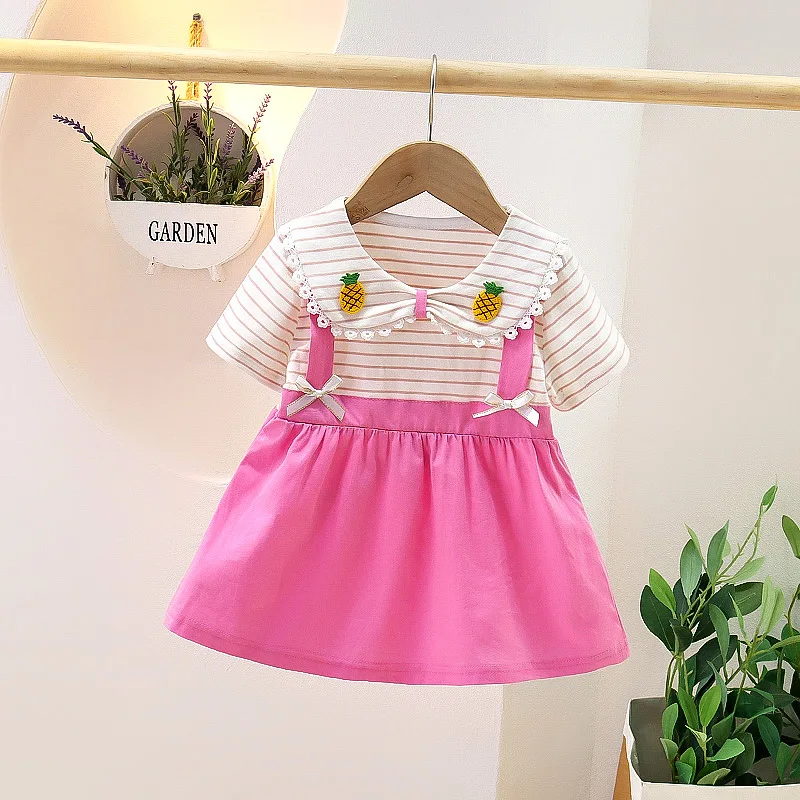 2024 Casual Summer Baby Girls Short Sleeve Patchwork Striped Dress Children\'s Clothing Infant Kids Princess Dress Baby Clothes