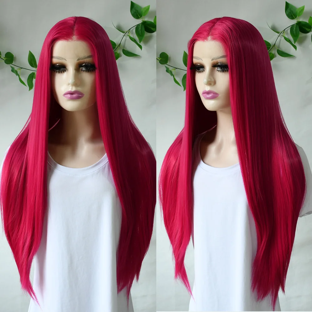 

Rose Pink Wig Straight Long Natural Hair 13X4 Lace Frontal Wigs Synthetic Pre Plucked Hairline for Fashion Women Heat Resistant