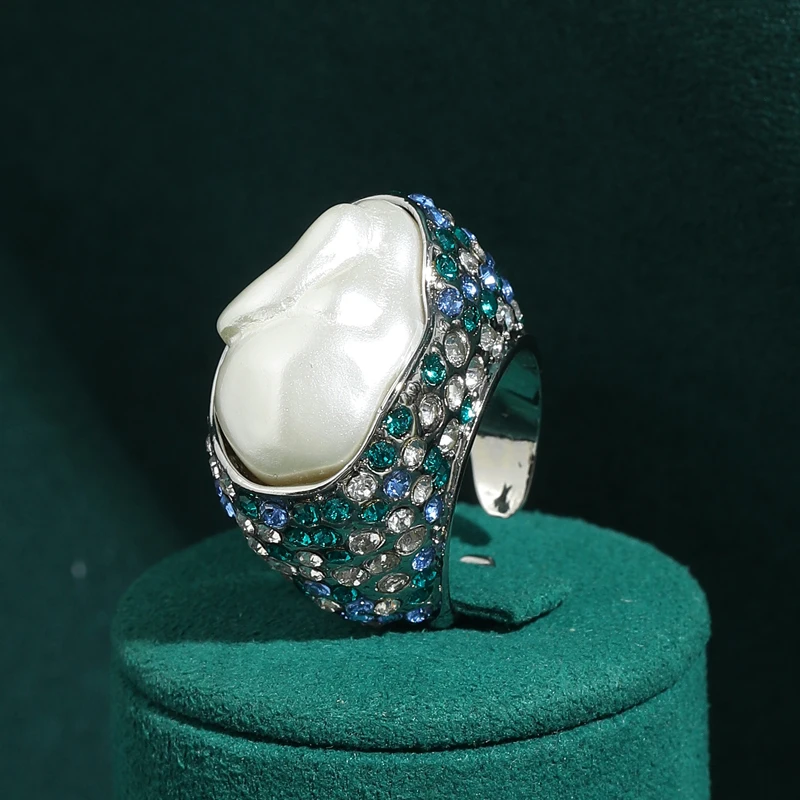 

Vintage Rhinestone Pearl Rings Irregular Silver Color Jewelry High Quality Women Anniversary High Luxury Accessories CharmQualit