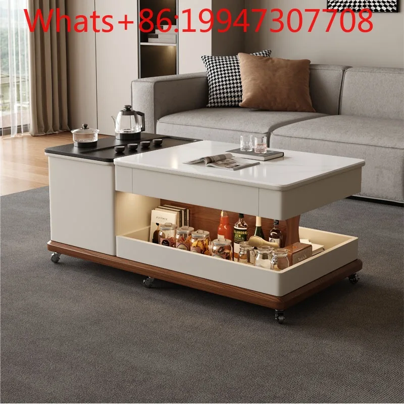 

Movable lifting multi-functional household cart with wheels Modern light luxury simple storage rock slab coffee table