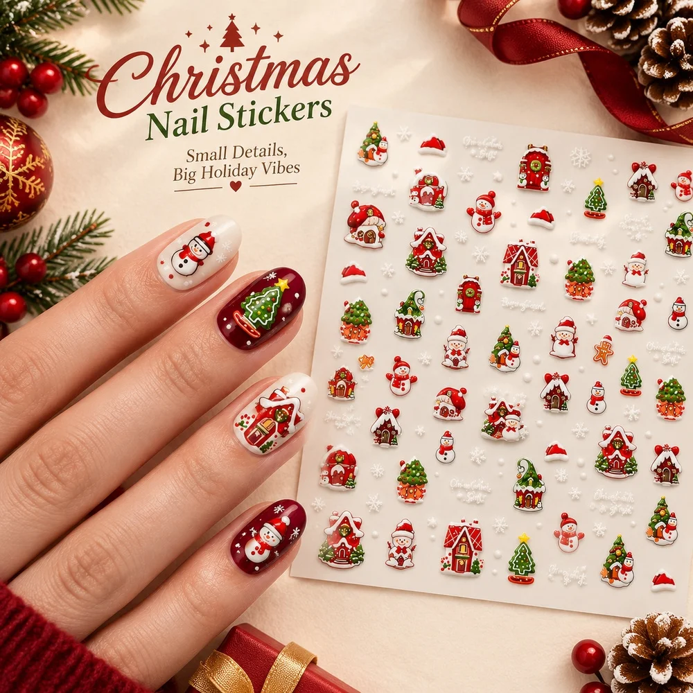 1Pc Festive Nail Decals 5D Embossed Gingerbread House Snowman Snowflake Self Adhesive Sliders Christmas Party DIY Nail Decor Set