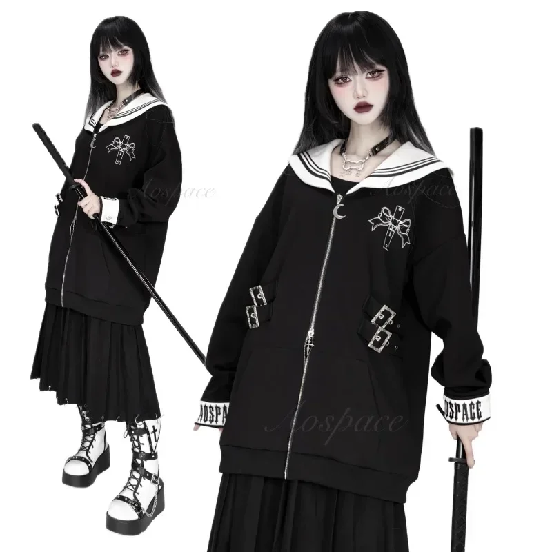 Popular Subculture Embroidery Simple and Versatile Coat Navy Placket Line Sailor Collar Long Sleeves Sweatshirts Women's Clothes