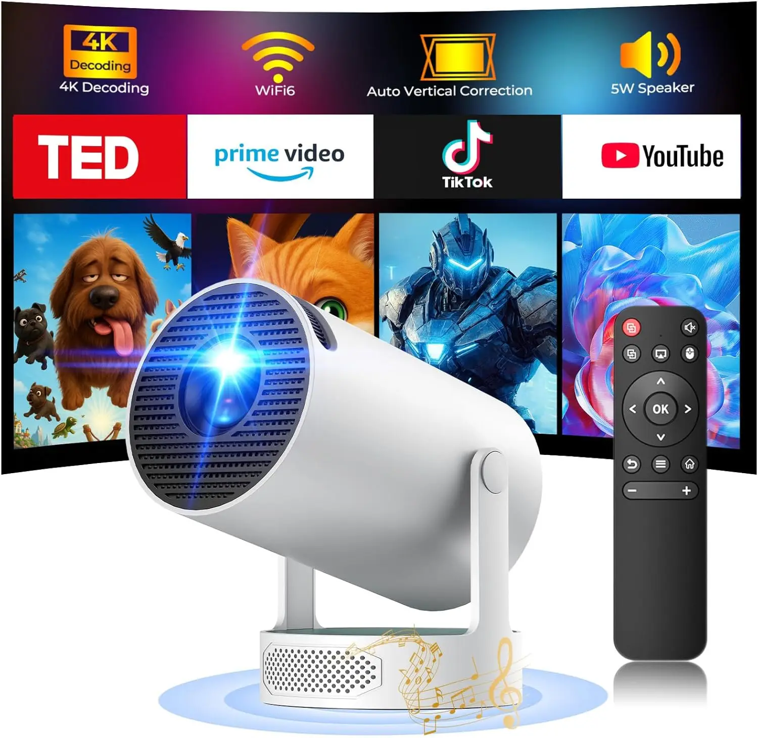 

Мини-проектор 4K WiFi Bluetooth с динамиком 5 Вт, 300 ANSI люмен, портативный для спальни, с автоматической коррекцией трапецеидальных искажений