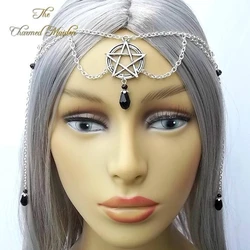 Black Pentagram Headpiece, Wicca Headdress, Pagan Pentagram Head Chain, High Priestess, Druid Headdress, Wiccan Hair Chain