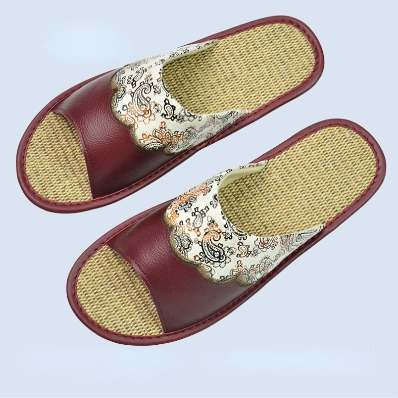 XIHAHA Embroider Slippers Leather Home Indoor House Slippers Women Luxury Soft Flats Shoes Slipper Cool Sandals Home Shoes