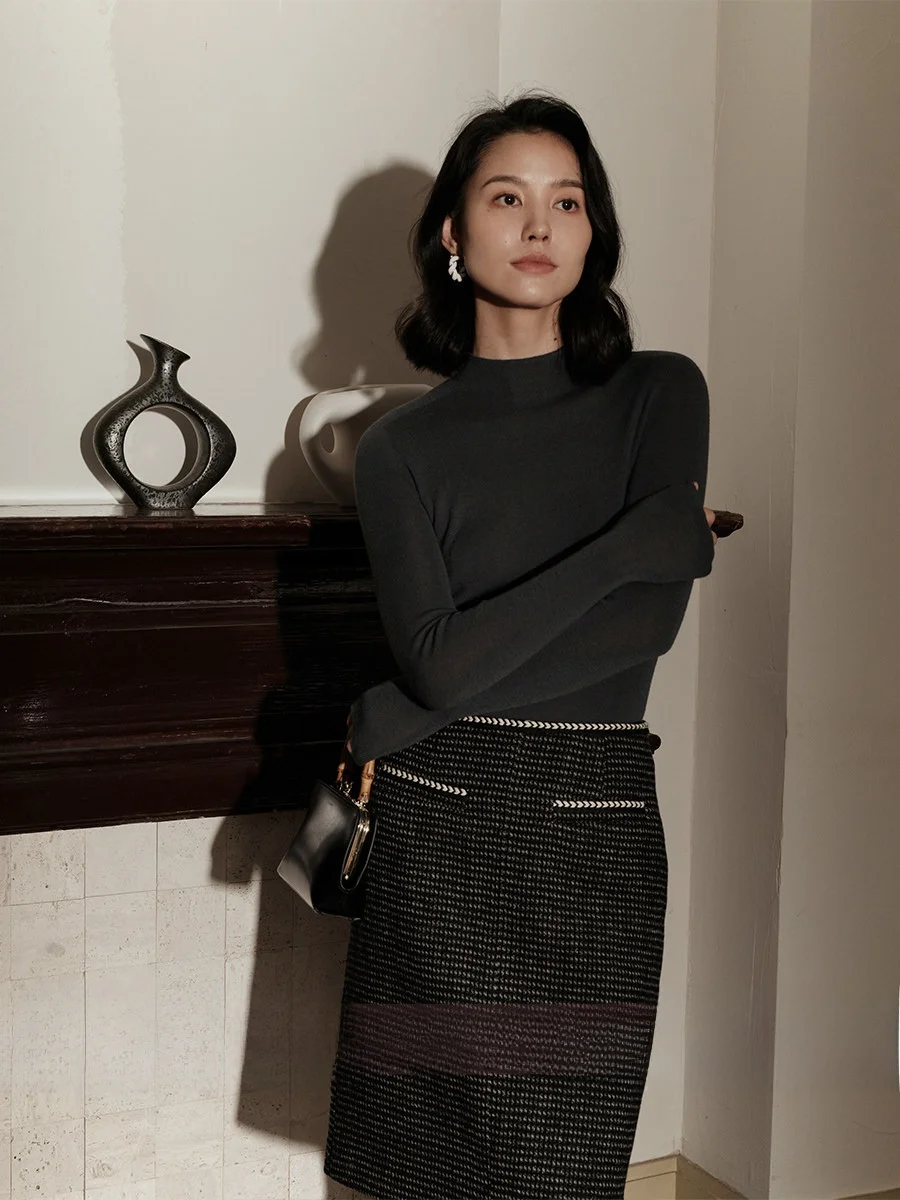 

Zhimai Rihuo Sl, шерстяной вязаный свитер базового слоя, женский облегающий свитер с высоким воротником, высокая эластичность, пряжа Merino Yangzi