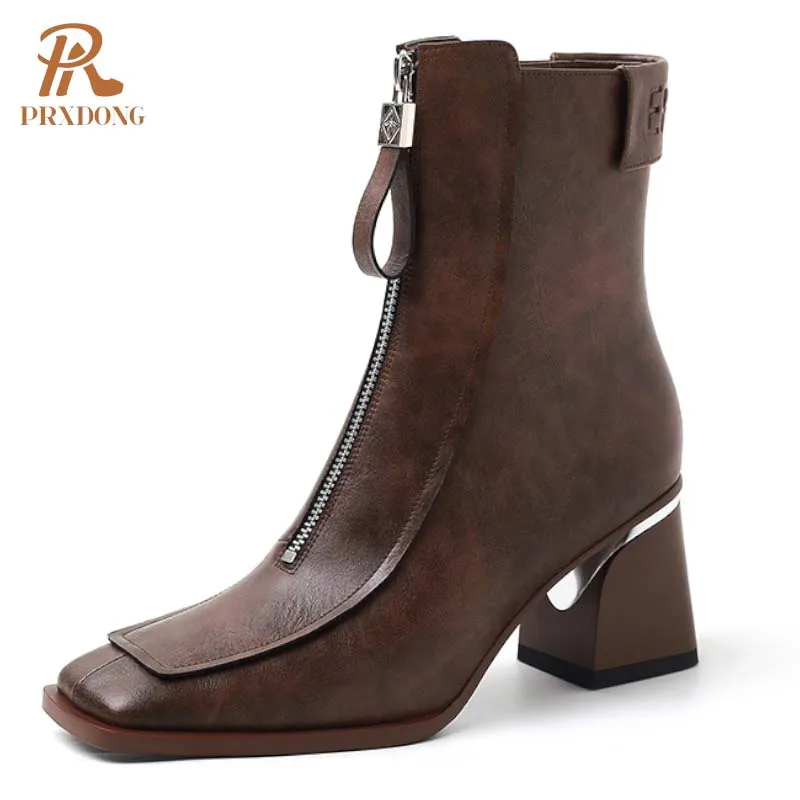 PRXDONG INS New Brand Genuine Leather Women Ankle Boots Chunky High Heels Square Toe Black Brown Dress Party Lady Warm Shoes 39