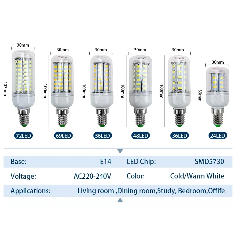 LED Lamp E27 E14 AC 220V 5730SMD Bombilla Led Corn Light Bulb 24 36 48 56 69 72leds Chandelier Candle Lighting Home Decoration