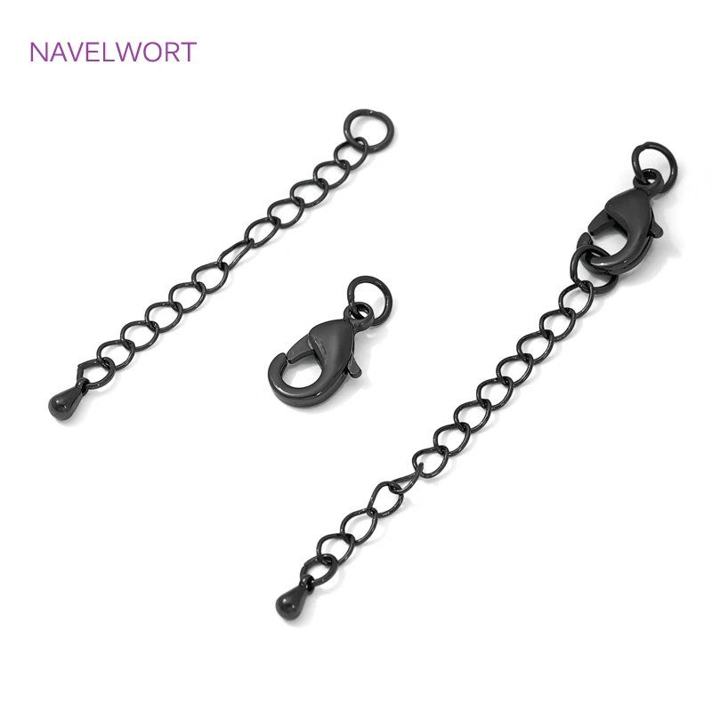 Fecho lagosta de latão de cor preta e corrente extensora, fecho para joias, acessórios de fabricação de colar de pulseira diy, conectores para joias
