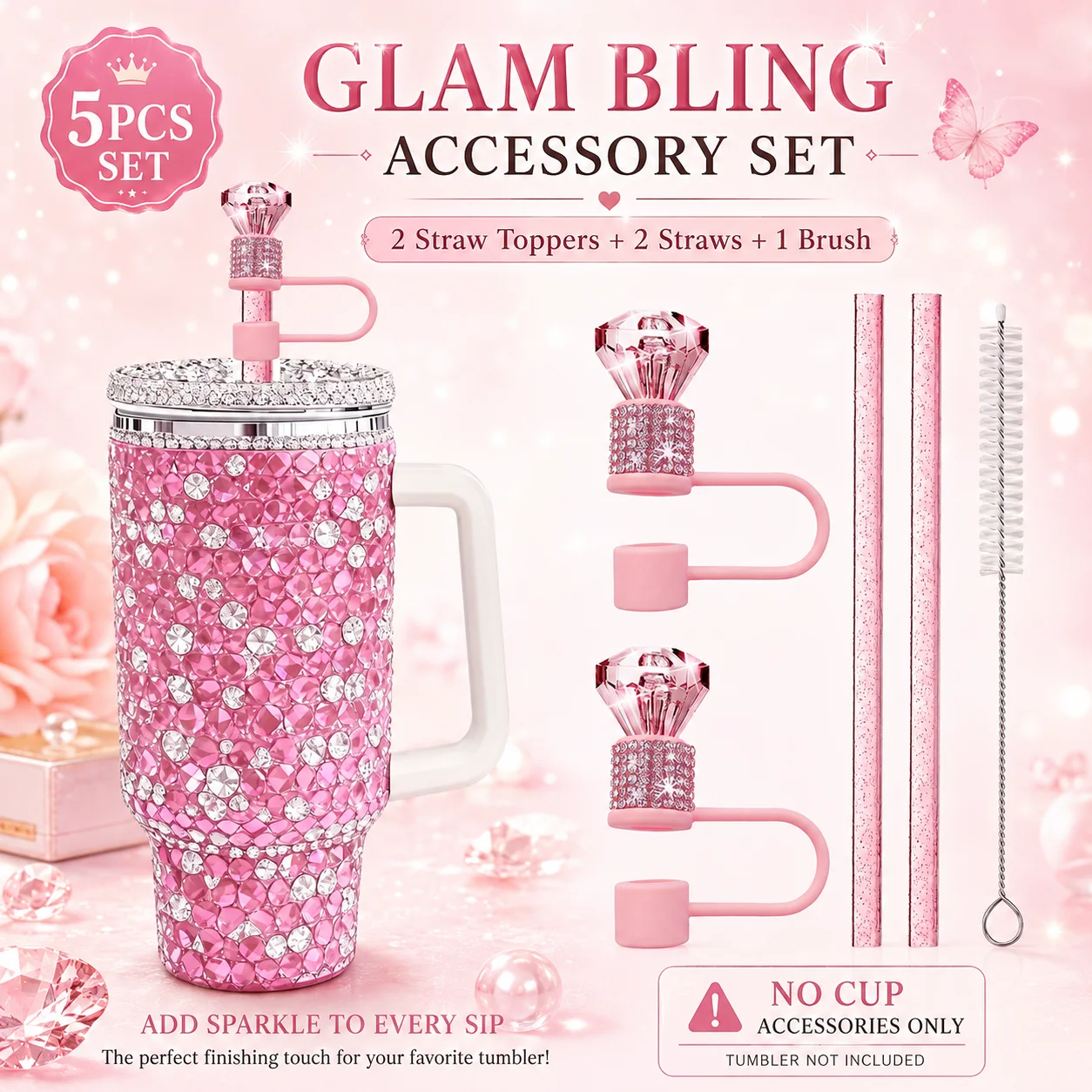Sparkle 5pcs Cup Accessories Set for Stanley 30oz 40oz Tumbler Cup 2pcs Glitter Straw, 2pcs Diamond 10mm Straw Topper Cover