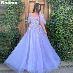 Booma Lavender Fairy Long Prom Dresses For Graduation Short Puff Sleeves 3D Flower Evening Dresses A Line Formal Party Gowns