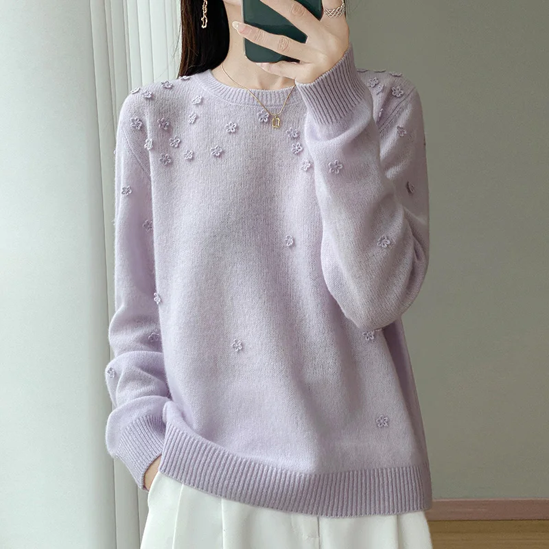 

Осенне-зимний женский свитер, вязаный свитер из 100% мериносовой шерсти, пуловер с круглым вырезом, повседневный модный топ с цветочным принтом, мягкий и удобный