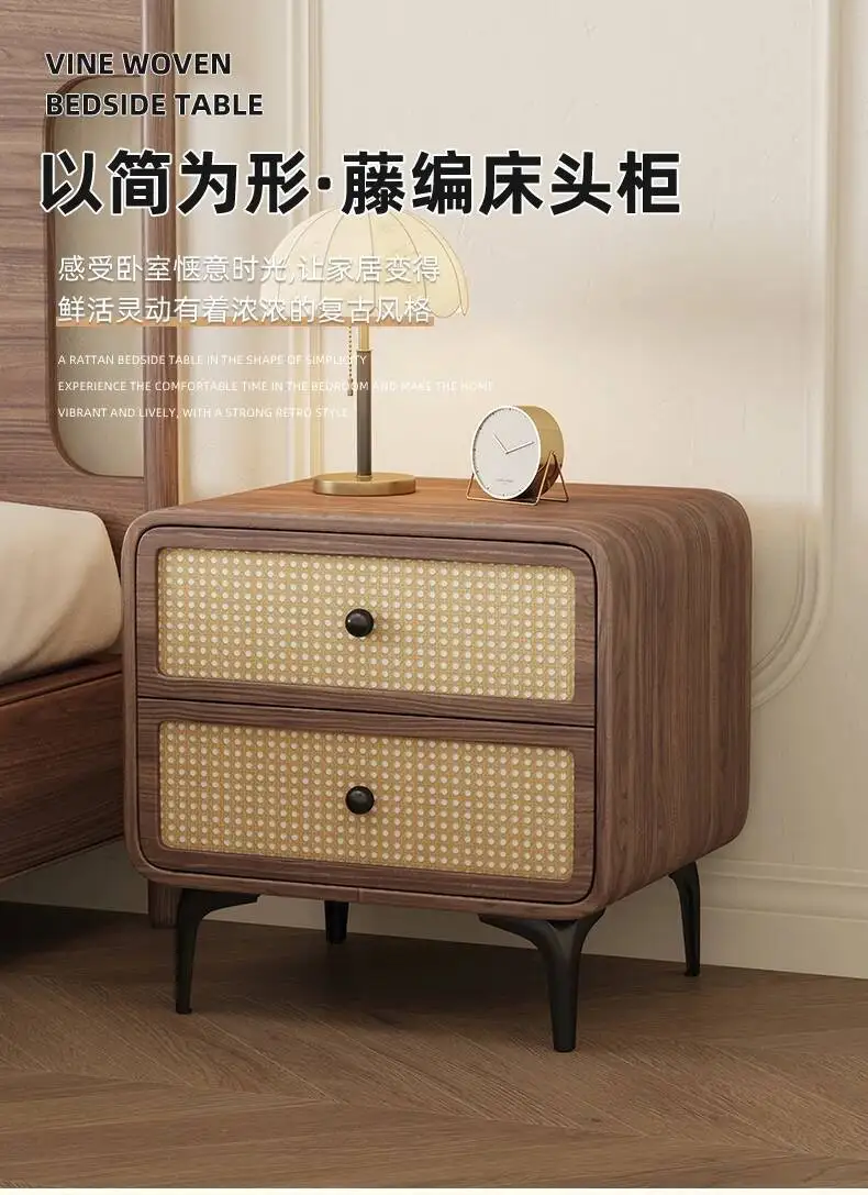 for Creative Solid Wood Bedside Table Home Bedrooms in The Past Light Luxury High-end Design Rattan Storage Cabinet
