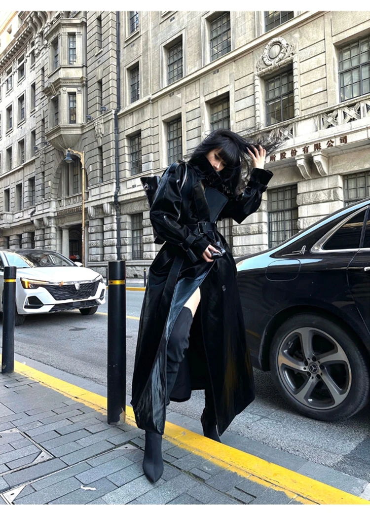 Lautaro Spring Autumn Extra Long Oversized Cool Reflective Shiny Black Patent Leather Trench Coat for Women Belt Runway Fashion